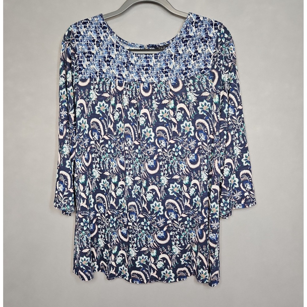 Lucky Brand Womens Blue Floral Boho 3/4 Sleeve Pullover Blouse Size 1X